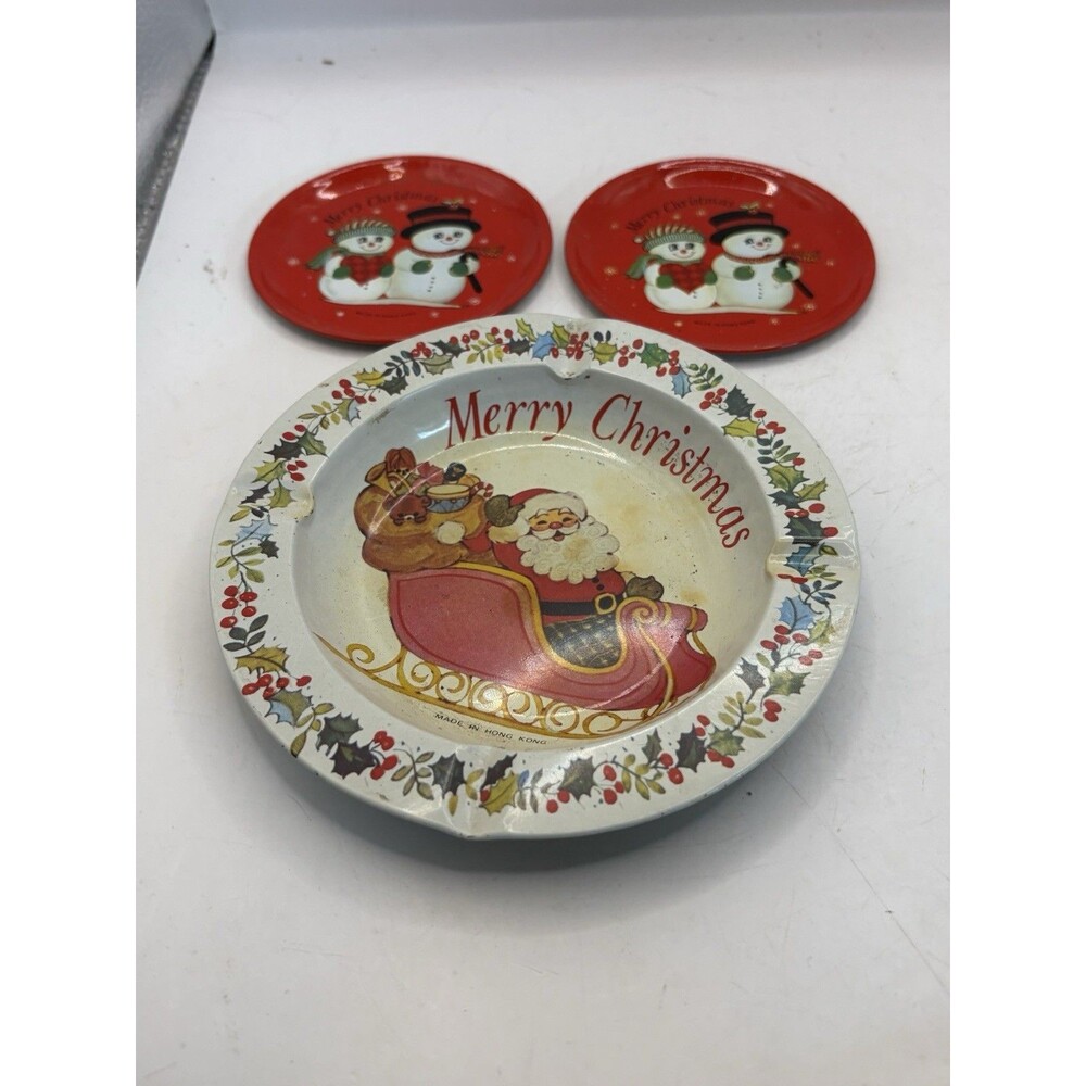 Vintage Set Of 2 Coasters And Ashtray Christmas Made In Hong Kong Snowmen Santa